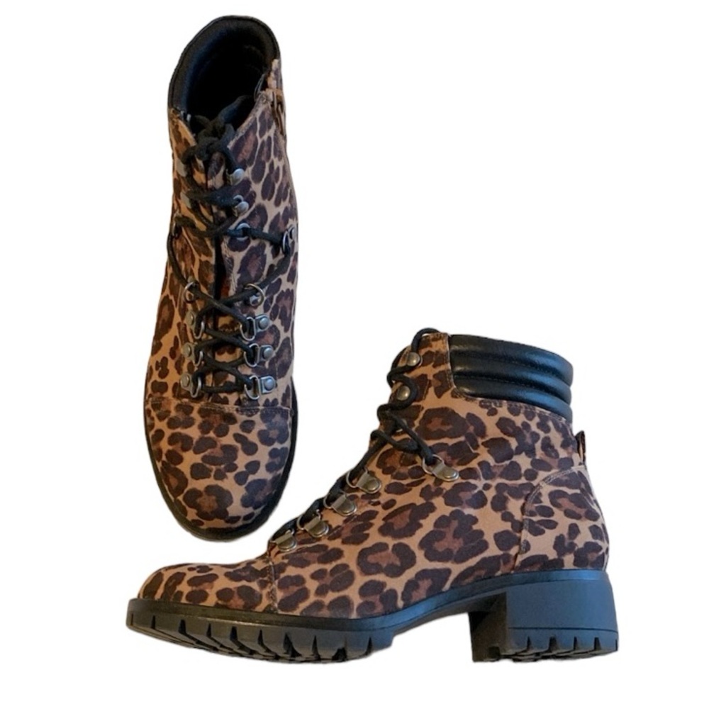 SO Brand Lace Up Side Zip Boots. Cheetah Like New. Sz. 6.5 Med.